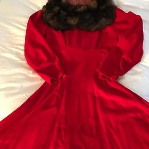 Vintage Red Velvet Mid-length Holiday Dress w Fur